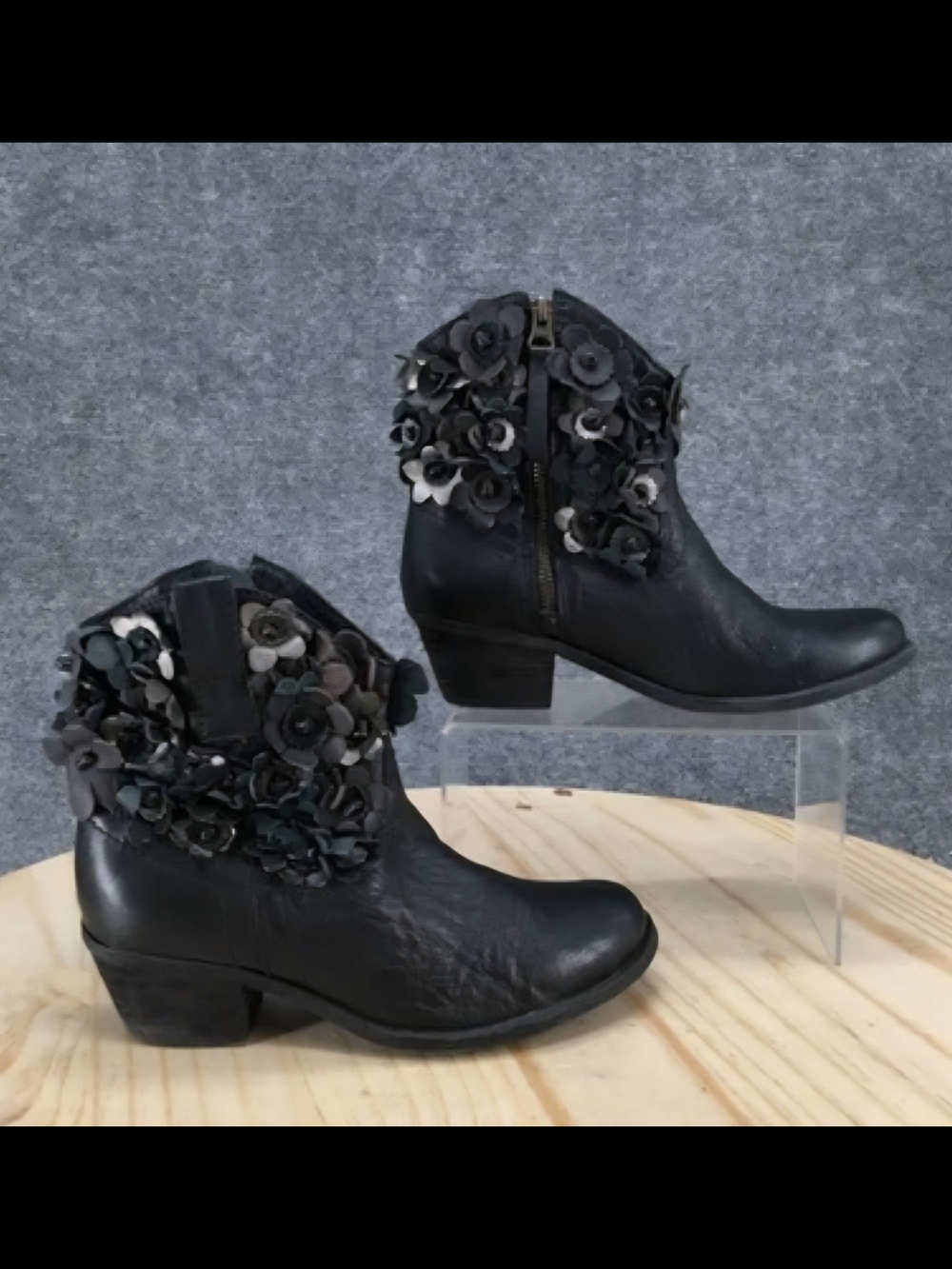 Black Floral Ankle Boots with Floral Appliques